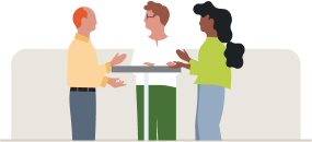 Illustration of three individuals having a conversation around a high top table.