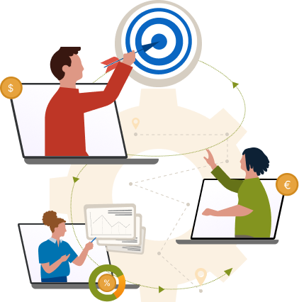 Illustration of three individuals, each shown on a laptop screen.