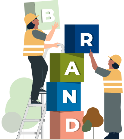 Illustration of two construction workers stacking building blocks that spells out "Brand".