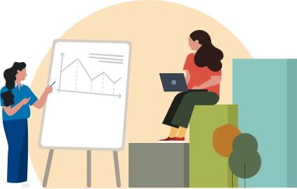 Illustration of two individuals, one sitting down using their laptop while the other is standing in front of a whiteboard.