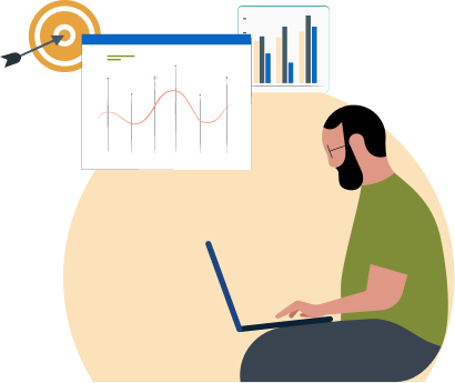 Illustration of an individual sitting down and using their laptop.