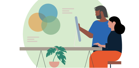 Illustration of two individuals, one sitting down while the other is standing, in front of a computer.