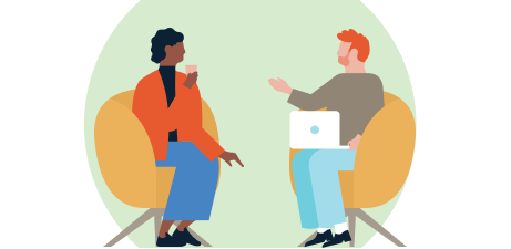 Illustration of two individuals sitting down and having a conversation.