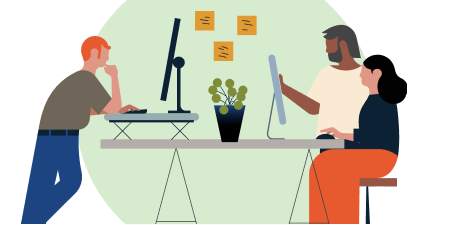 Illustration of three individuals, one standing by themself while another one standing with the other sitting down, using their computers.