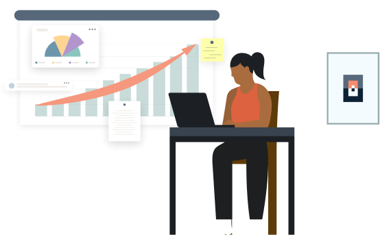 Illustration of a woman using a laptop on a desk